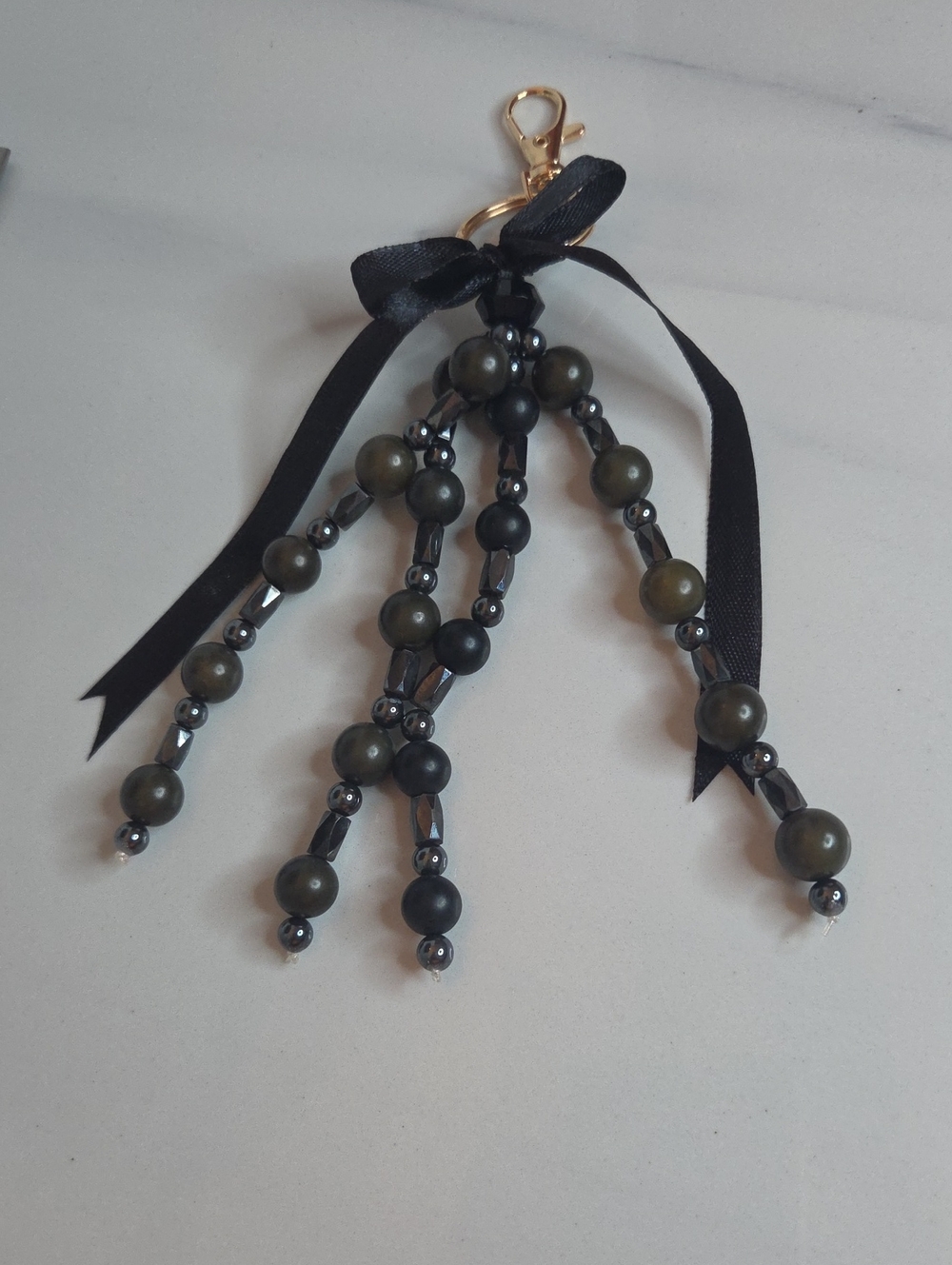 Beaded Tassel Bag Charm in Black and Olive Green